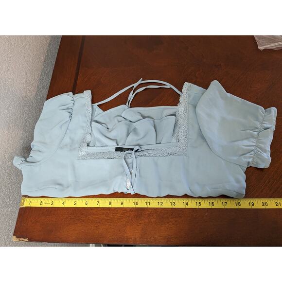 Forever 21 Peplum Blouse L Blue Gray Lace Cutout Keyhole Ruffled Neck Tie Square - Picture 5 of 11